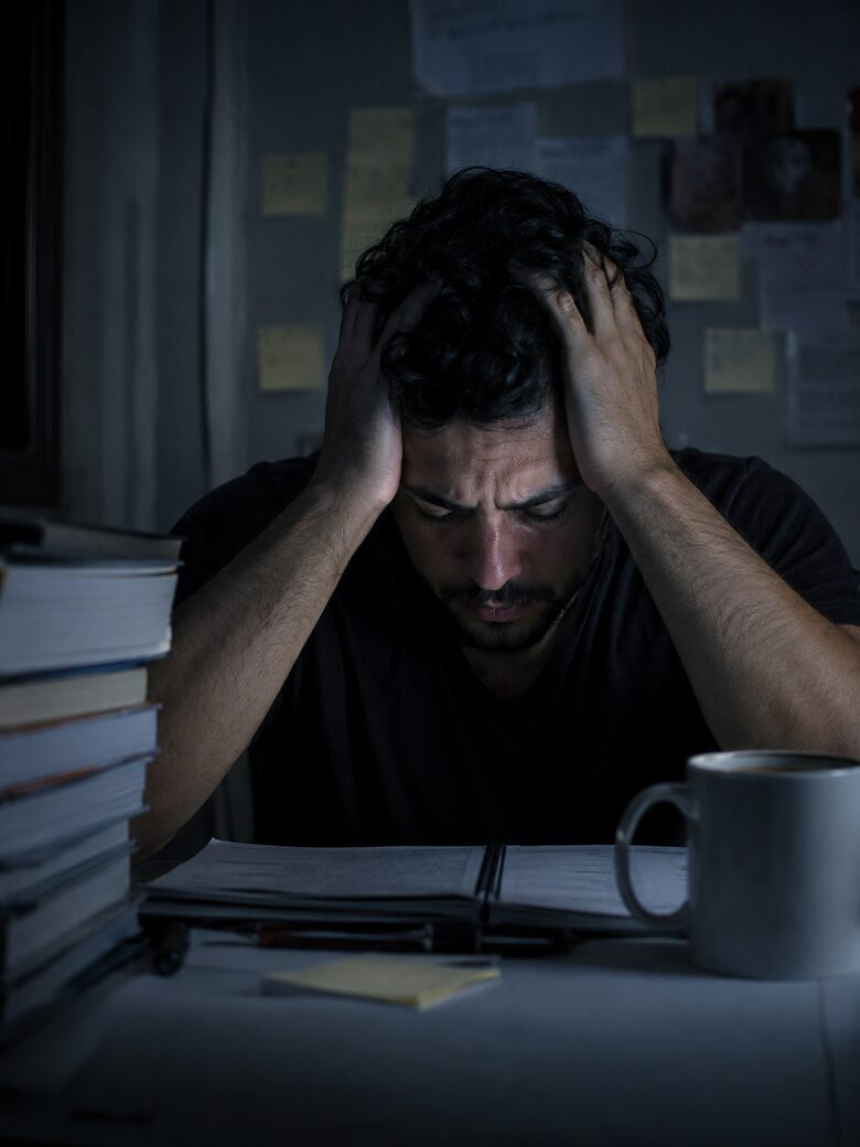 Candidato desesperado estudando de madrugada, mãos na cabeça.