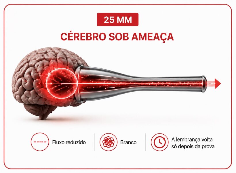 Cano de 25 mm — cérebro sob ameaça: fluxo reduzido, branco e a lembrança volta só depois da prova.