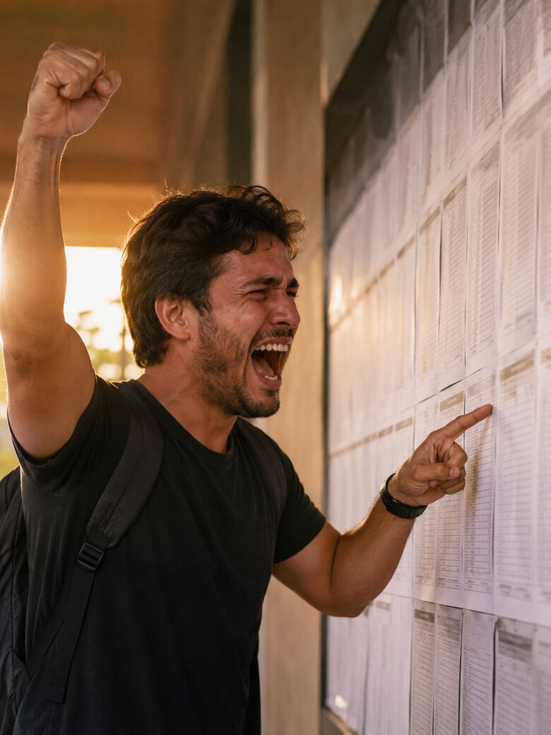 O mesmo candidato comemorando ao encontrar o próprio nome na lista de aprovados.